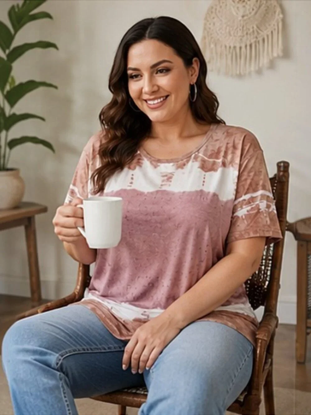 Women’s Tie Dye Casual Tee Top Pink Beige Short Sleeve Stretch Relaxed Fit - L - Picture 3 of 9